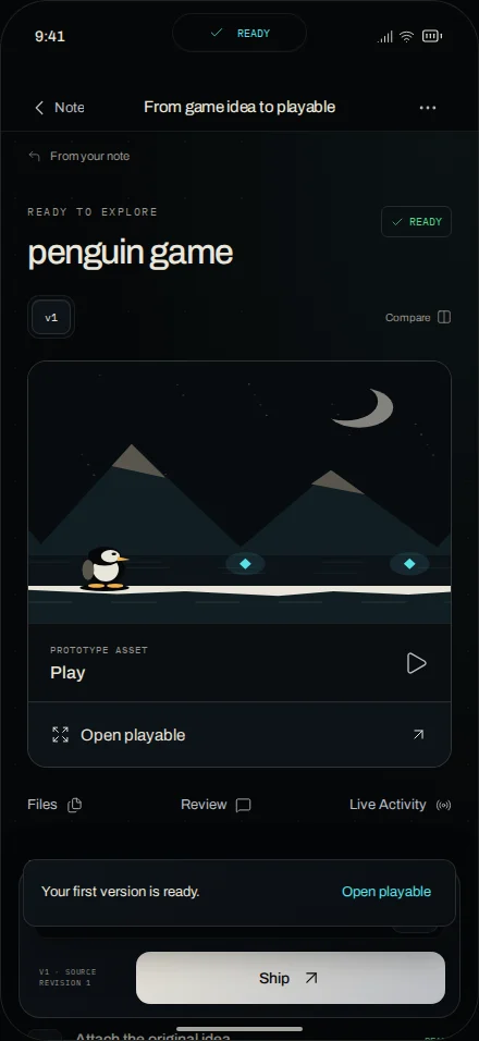 A build marked ready, from a game idea to a playable version, with Open playable and Ship.